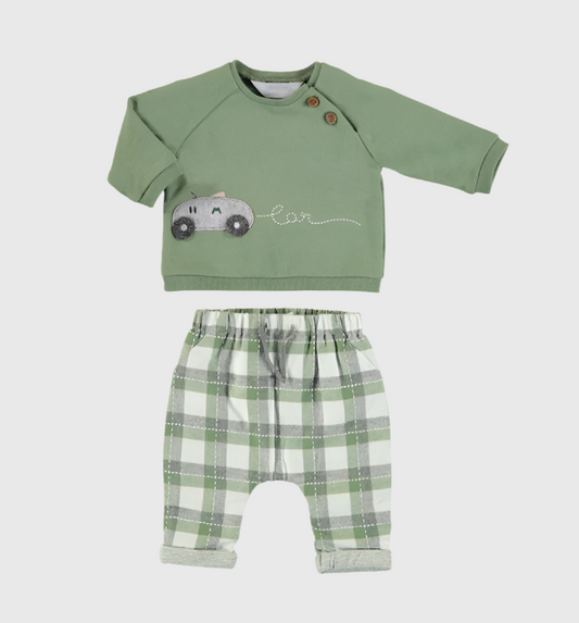 2pc Green Top w Car & Plaid Pants