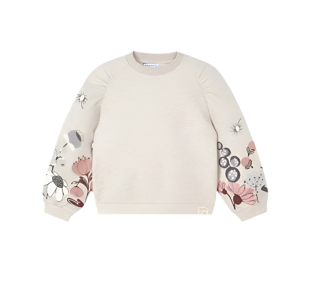 Beige w Decorative Sleeve Sweatshirt