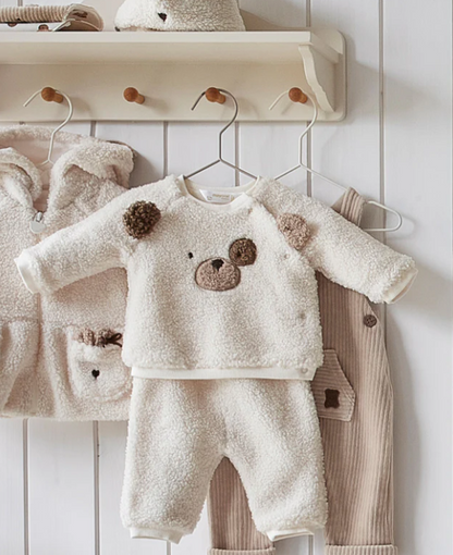 2pc Off White Sherpa Bear Pant Set