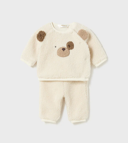2pc Off White Sherpa Bear Pant Set