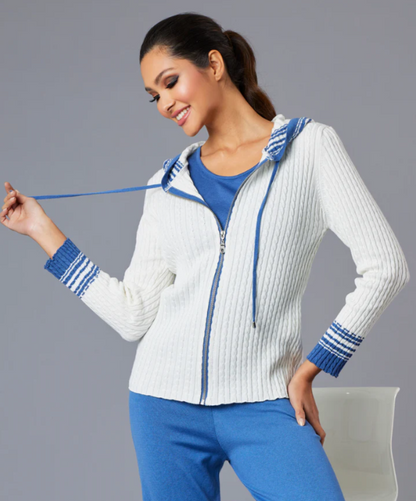 Ivory Denim Braided V Neck Hoodie