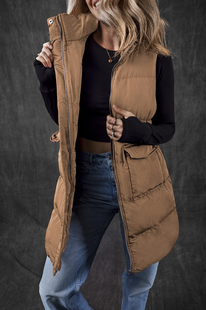 Coffee Windproof Zip Up Puffer Vest