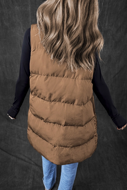 Coffee Windproof Zip Up Puffer Vest