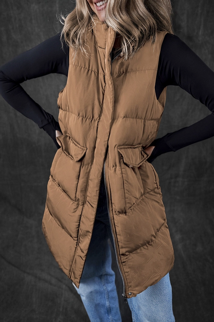 Coffee Windproof Zip Up Puffer Vest
