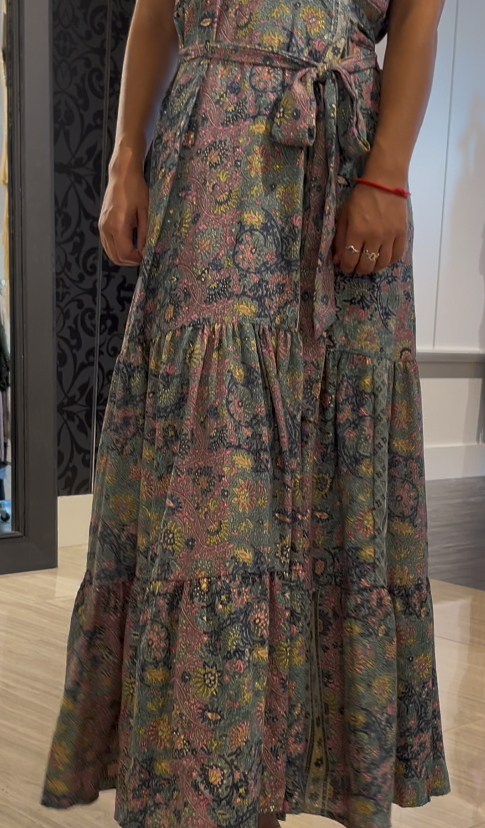 metallic floral wrap dress, ruffle sleeve maxi, wedding guest wrap dress, shimmer wrap gown, boutique metallic print dress, flutter sleeve occasion dress, tie waist maxi dress, romantic evening dress, floral shimmer party dress, garden wedding guest outfit