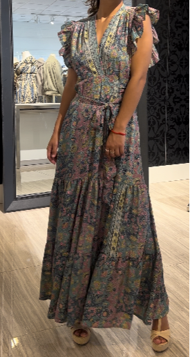 metallic floral wrap dress, ruffle sleeve maxi, wedding guest wrap dress, shimmer wrap gown, boutique metallic print dress, flutter sleeve occasion dress, tie waist maxi dress, romantic evening dress, floral shimmer party dress, garden wedding guest outfit