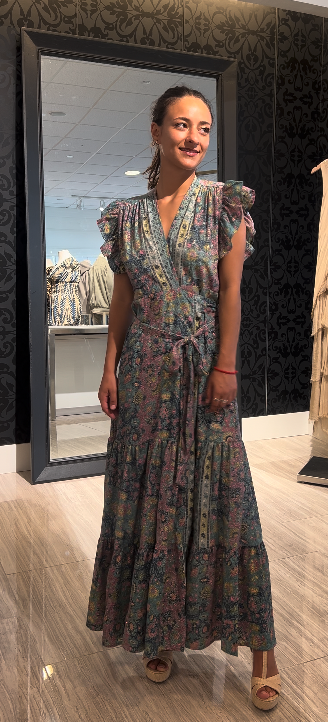 metallic floral wrap dress, ruffle sleeve maxi, wedding guest wrap dress, shimmer wrap gown, boutique metallic print dress, flutter sleeve occasion dress, tie waist maxi dress, romantic evening dress, floral shimmer party dress, garden wedding guest outfit