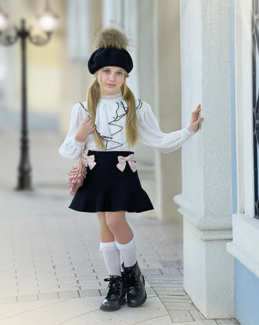 black flare skirt satin bow girls, Expressions Boutique NY kids fashion, boutique girls skirt outfit, girls Parisian outfit, black bow skirt for girls