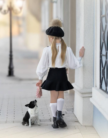black flare skirt satin bow girls, Expressions Boutique NY kids fashion, boutique girls skirt outfit, girls Parisian outfit, black bow skirt for girls