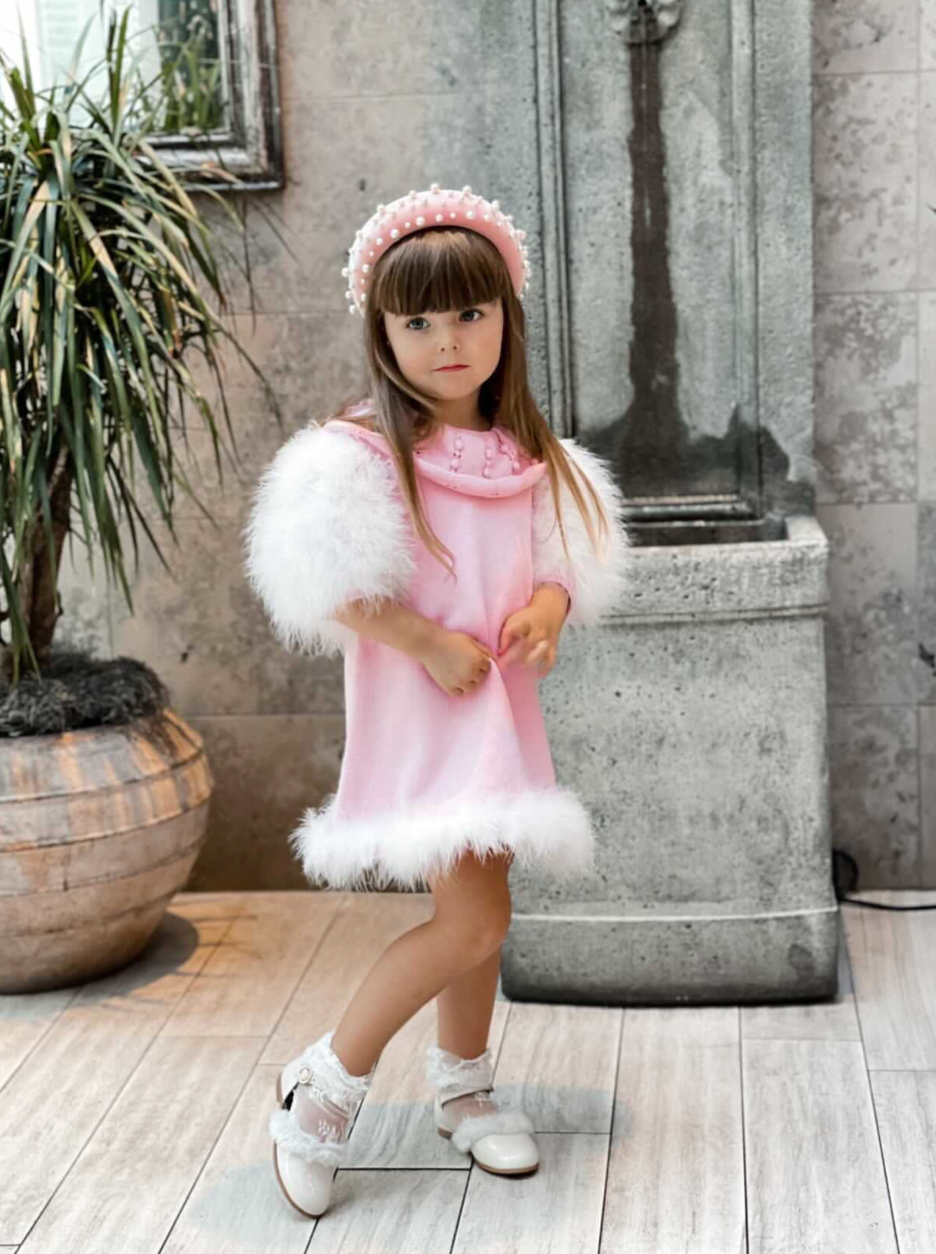 pink feather trim dress girls, boutique holiday dress Expressions Boutique NY, luxury girls knit dress, feather sleeve occasion dress, girls pearl trim pink dress