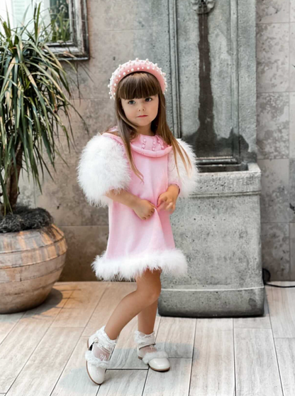 pink feather trim dress girls, boutique holiday dress Expressions Boutique NY, luxury girls knit dress, feather sleeve occasion dress, girls pearl trim pink dress