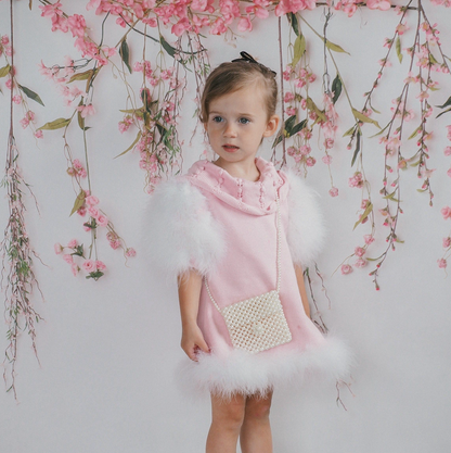 pink feather trim dress girls, boutique holiday dress Expressions Boutique NY, luxury girls knit dress, feather sleeve occasion dress, girls pearl trim pink dress