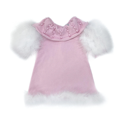 pink feather trim dress girls, boutique holiday dress Expressions Boutique NY, luxury girls knit dress, feather sleeve occasion dress, girls pearl trim pink dress
