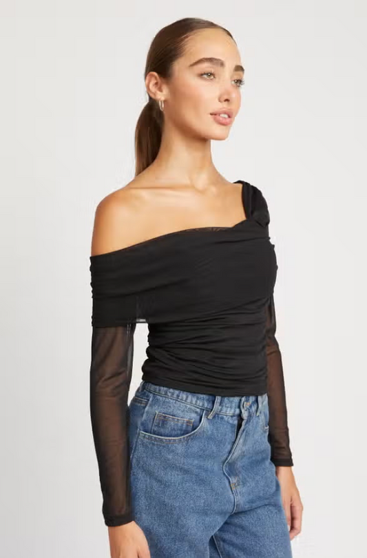black one shoulder top, asymmetrical mesh blouse, ruched sheer sleeve top, Expressions Boutique NY women’s style, evening chic top