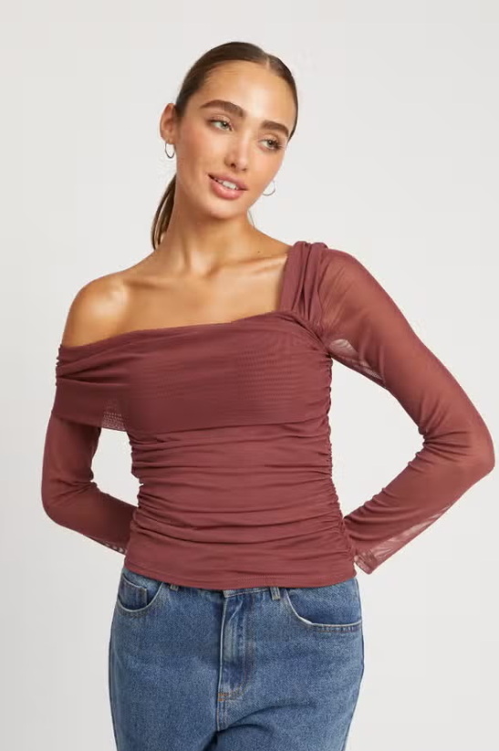 Asymmetrical Shoulder Shirred Top