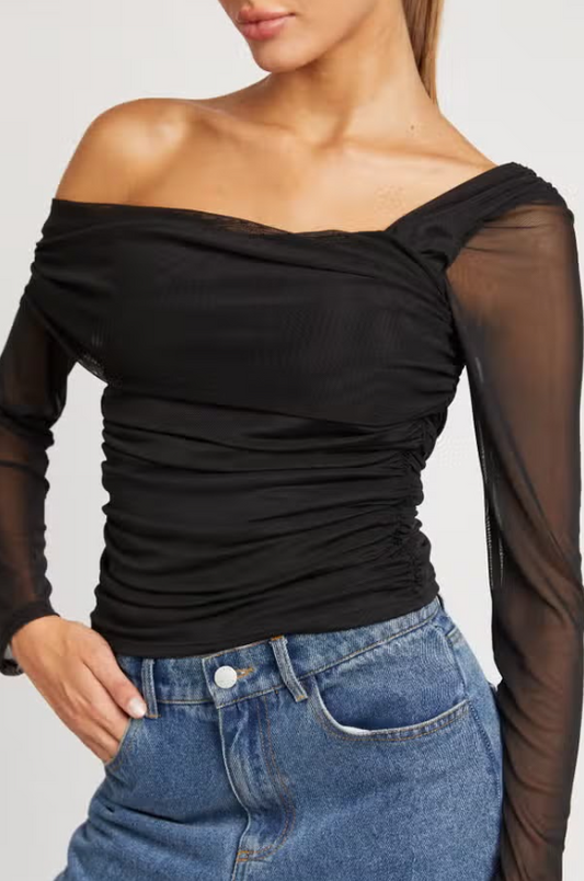 black one shoulder top, asymmetrical mesh blouse, ruched sheer sleeve top, Expressions Boutique NY women’s style, evening chic top