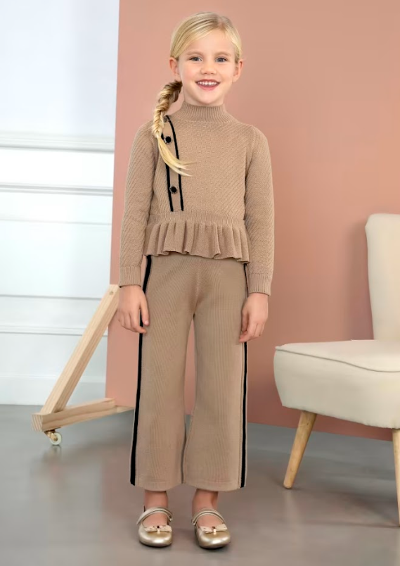 2pc Tan Knit Pant Set with Detail Button