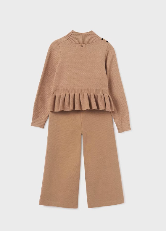 2pc Tan Knit Pant Set with Detail Button