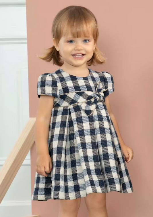 Navy & Beige Checkered Dress with Gold Trim