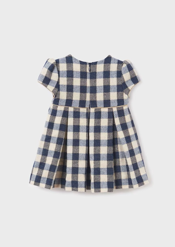 Navy & Beige Checkered Dress with Gold Trim