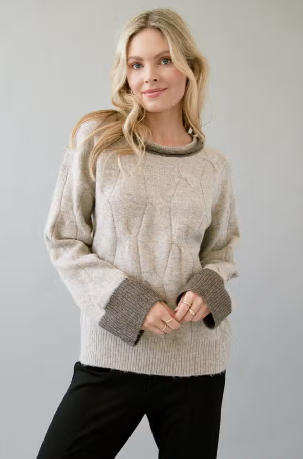 Alabaster Sweater with Contrast Charcoal Collar