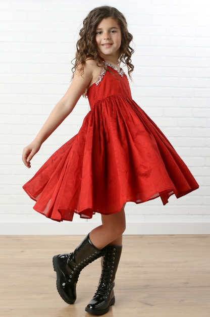 girls garnet red tulle dress Expressions Boutique NY, holiday party dress for girls, sequin halter dress toddler boutique, red special occasion dress girls, festive girls tulle gown boutique fashion