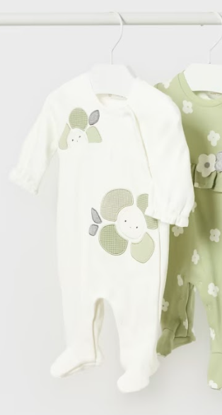 Ivory Cotton Footie with 2 Sage Green Flowers