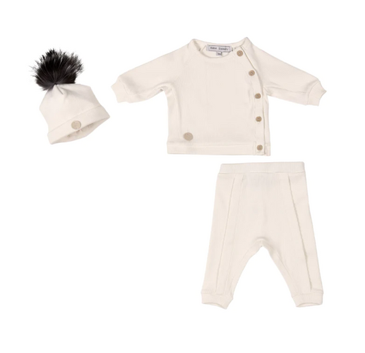 3 pc Set Offwhite/Cream Ribbed Jersey PomPom Hat, Side Button Shirt & Detailed Pant