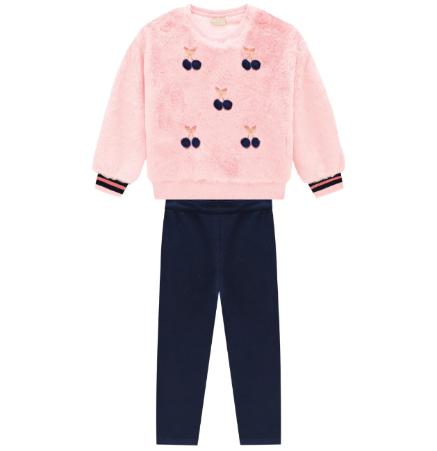 2pc Pink Cherry Faux Fur Sweater & Navy Pants