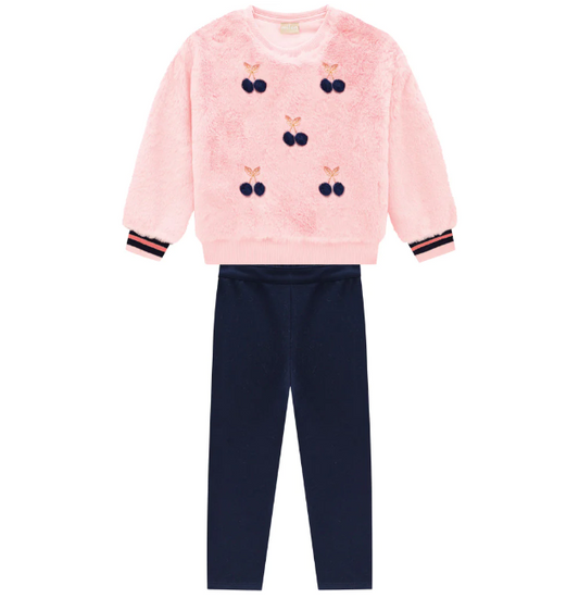 2pc Pink Cherry Faux Fur Sweater & Navy Pants