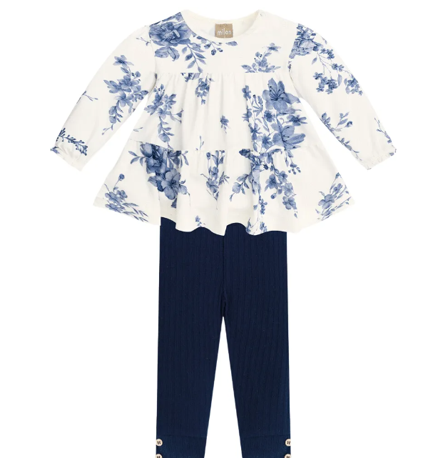 2pc Ivory Floral Top with Navy Pant