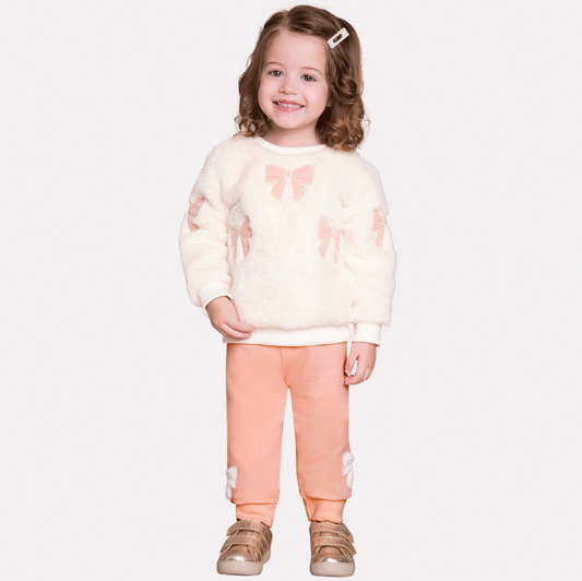 2pc Faux Fur Top with Scattered Bows & Blush Pant Adorned with Bows