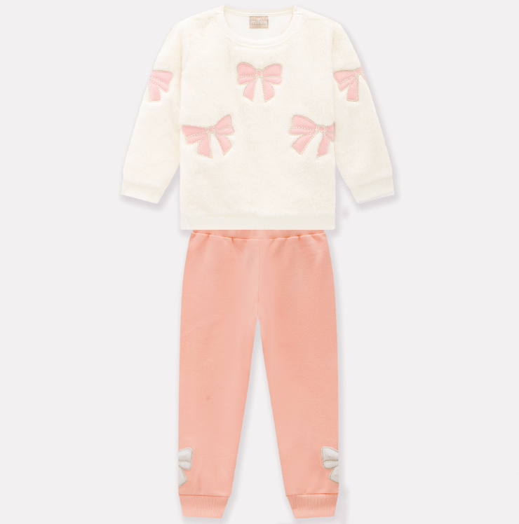 2pc Faux Fur Top with Scattered Bows & Blush Pant Adorned with Bows