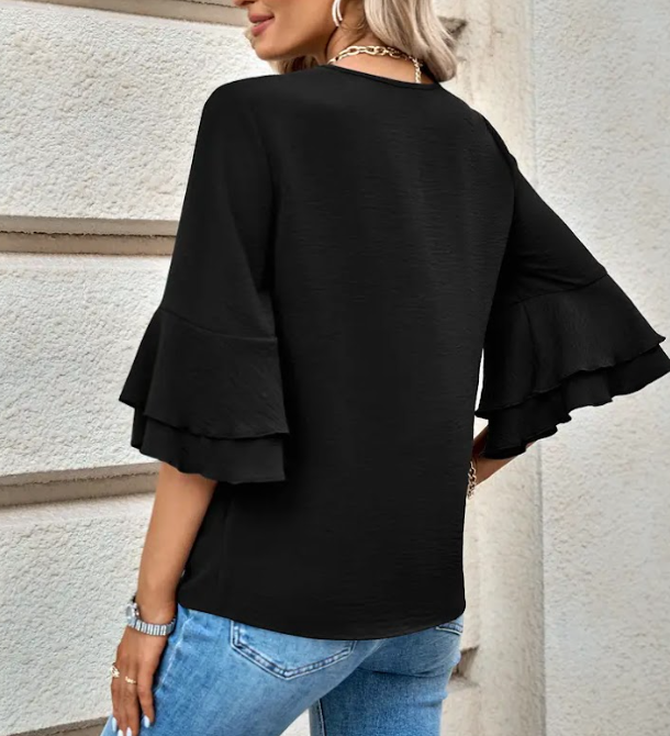 Black Wrinkled V Neck Flare Sleeve Blouse