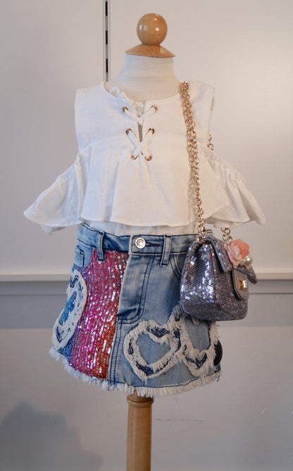 Denim Skirt with Sequin and Heart Details