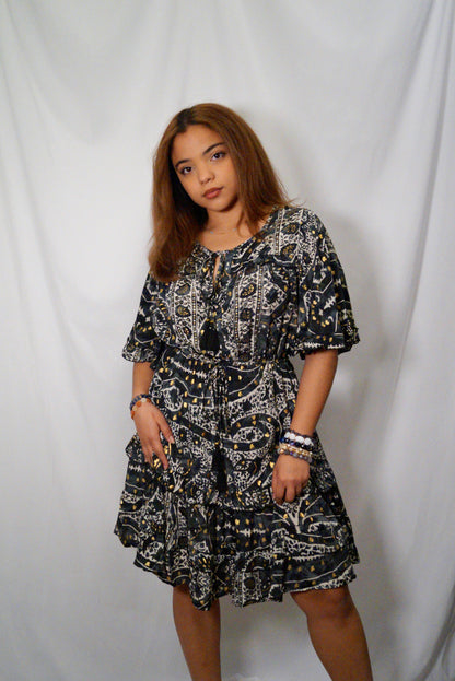 Black w Gold Ruffled Sleeve Short Dress