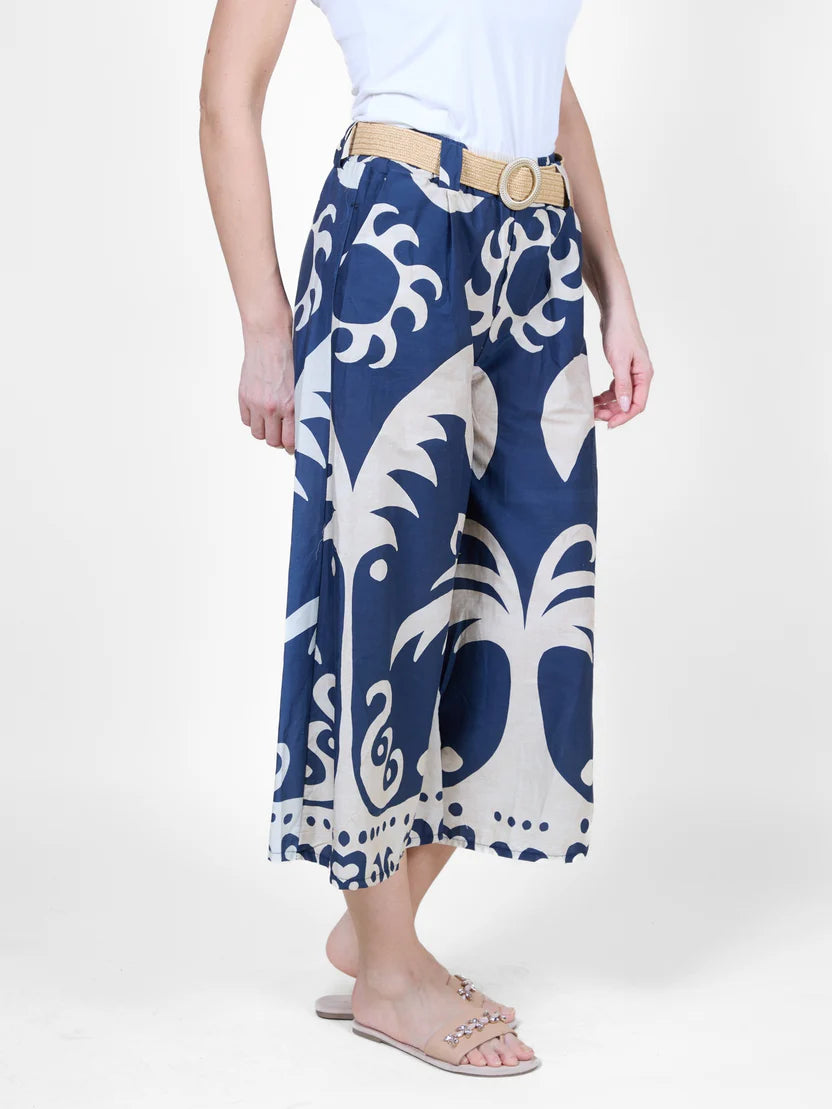 Midnight Blue Pull on Belted 2 Tone Flare Pant