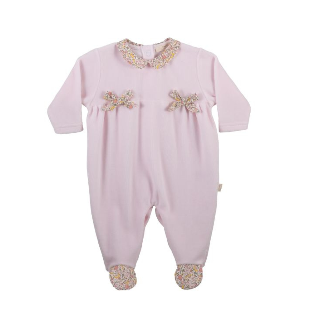 Pink Velour Footie w Floral Detail