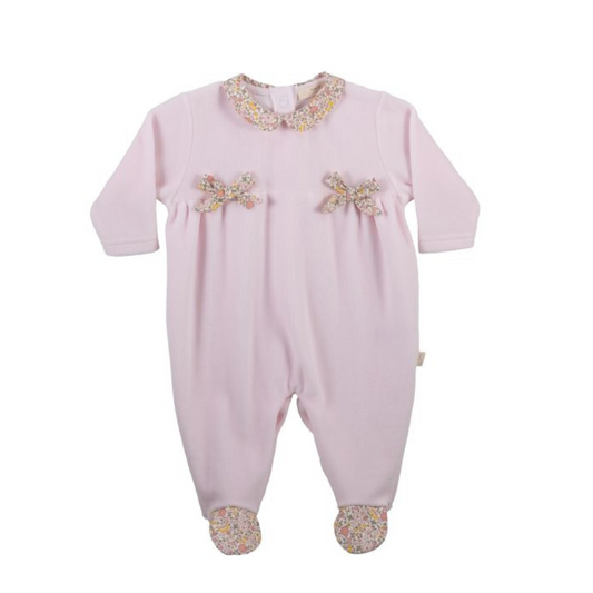 Pink Velour Footie w Floral Detail