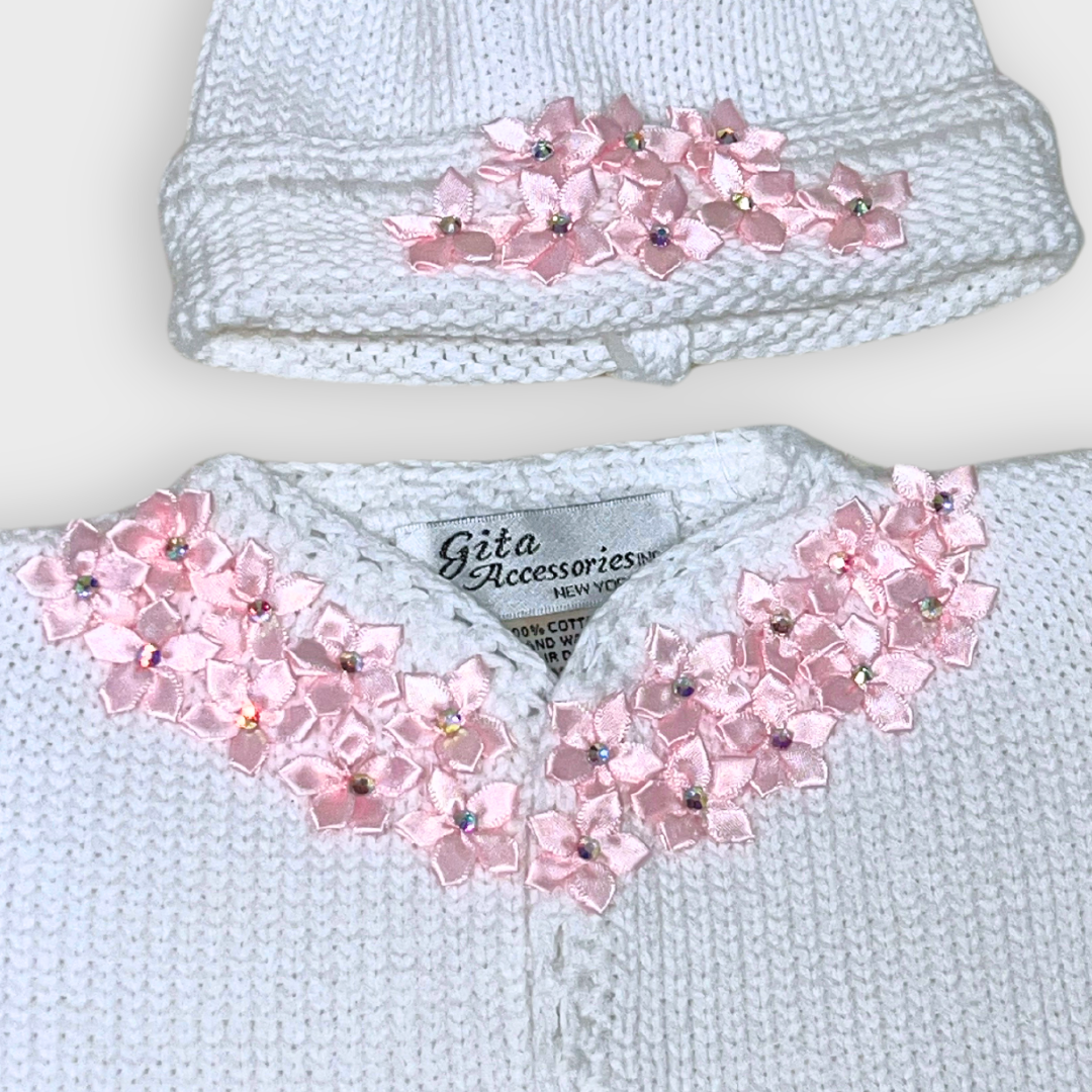 White cotton cardigan & hat with pink satin flowers