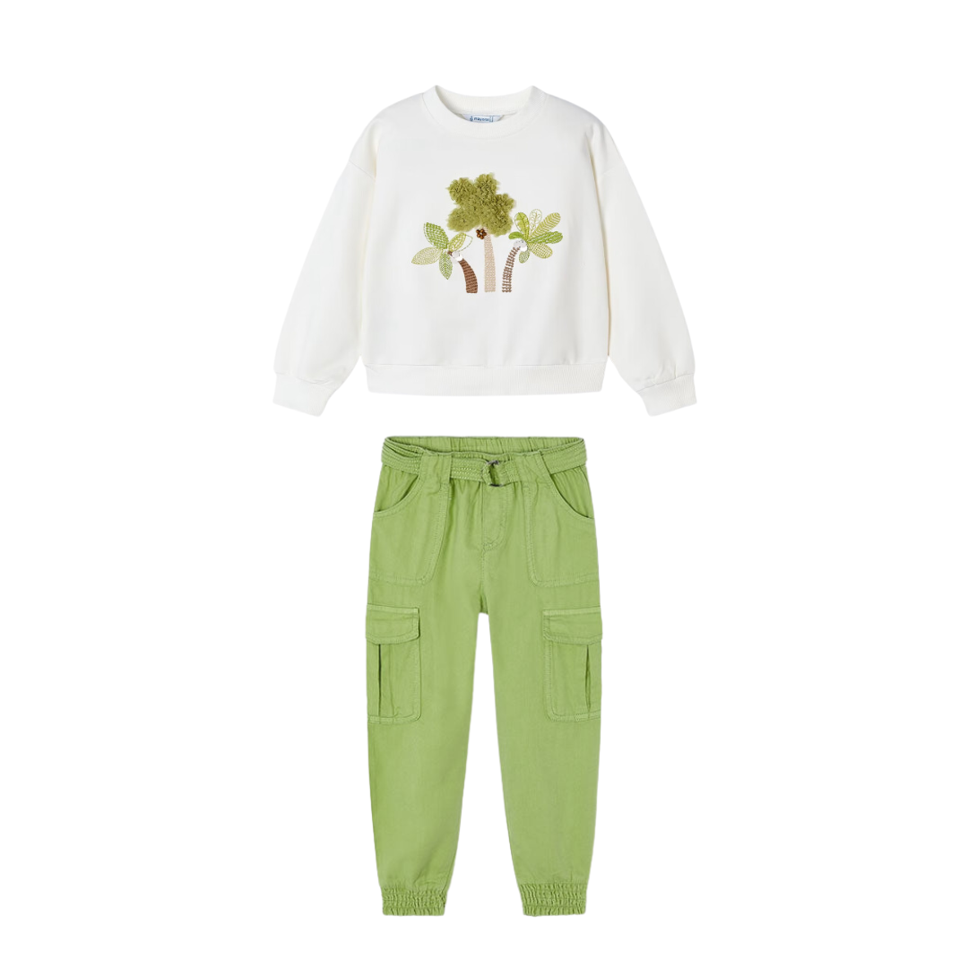 palm tree pullover set Expressions Boutique NY, boys green cargo pants outfit, toddler palm embroidery sweatshirt, kids tropical casual set, boutique spring summer outfit for boys
