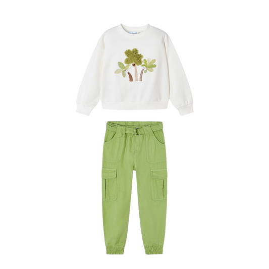 palm tree pullover set Expressions Boutique NY, boys green cargo pants outfit, toddler palm embroidery sweatshirt, kids tropical casual set, boutique spring summer outfit for boys