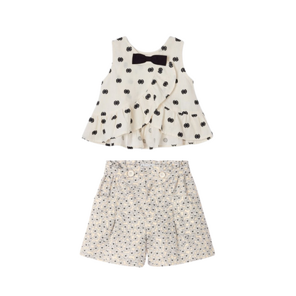 Natural/Black Dot Top w Ruffle Split Back