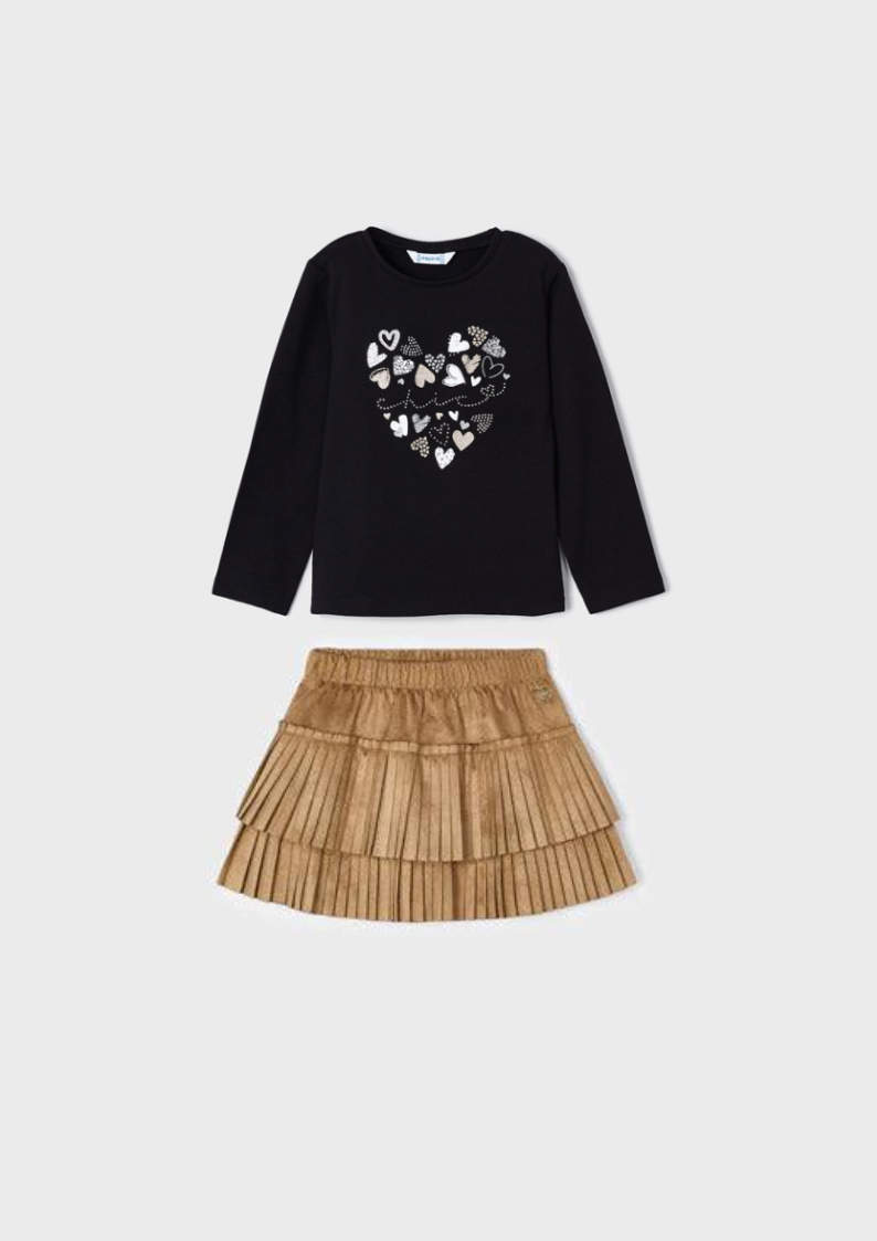 Black LS Scattered Heart Top with Camel Faux Suede Pleated Skirt