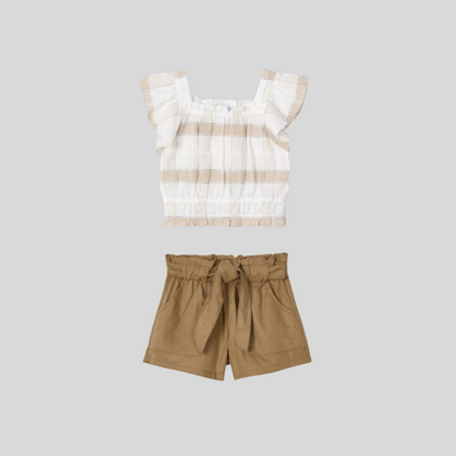 2pc Beige Plaid Top w Camel Shorts *