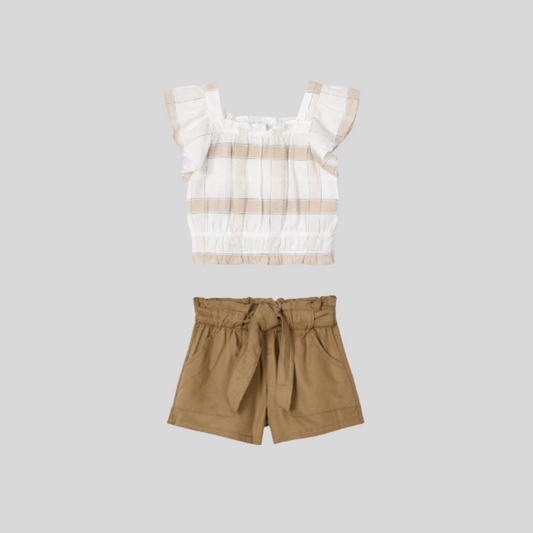 2pc Beige Plaid Top w Camel Shorts *