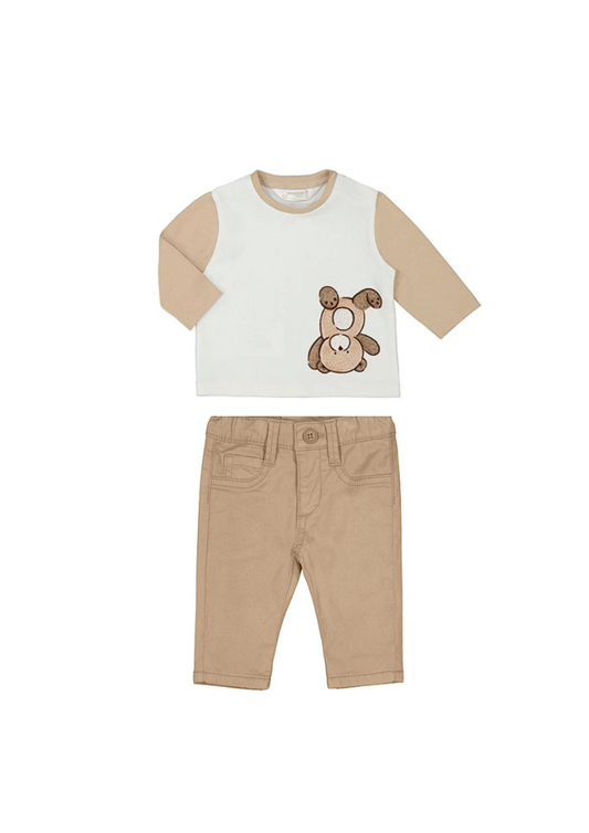 2pc Off White with Upside Down Bear Top & Beige Pants