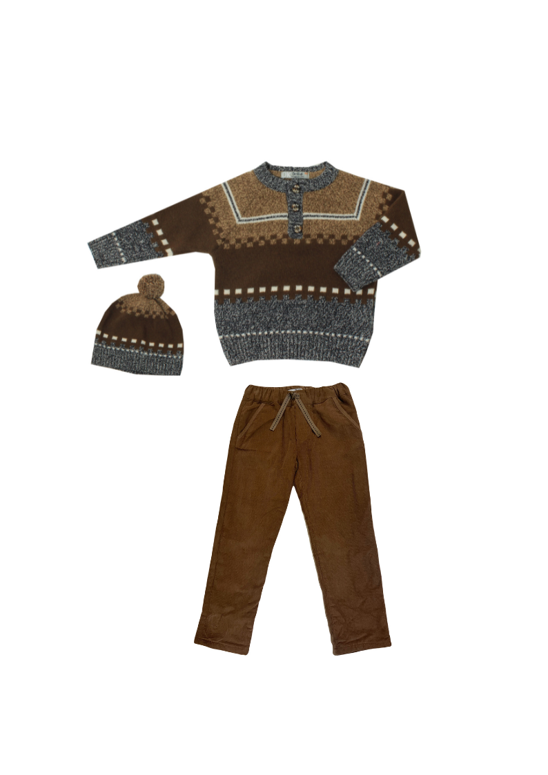 3pc Brown Sweater & Brown Pants with Hat