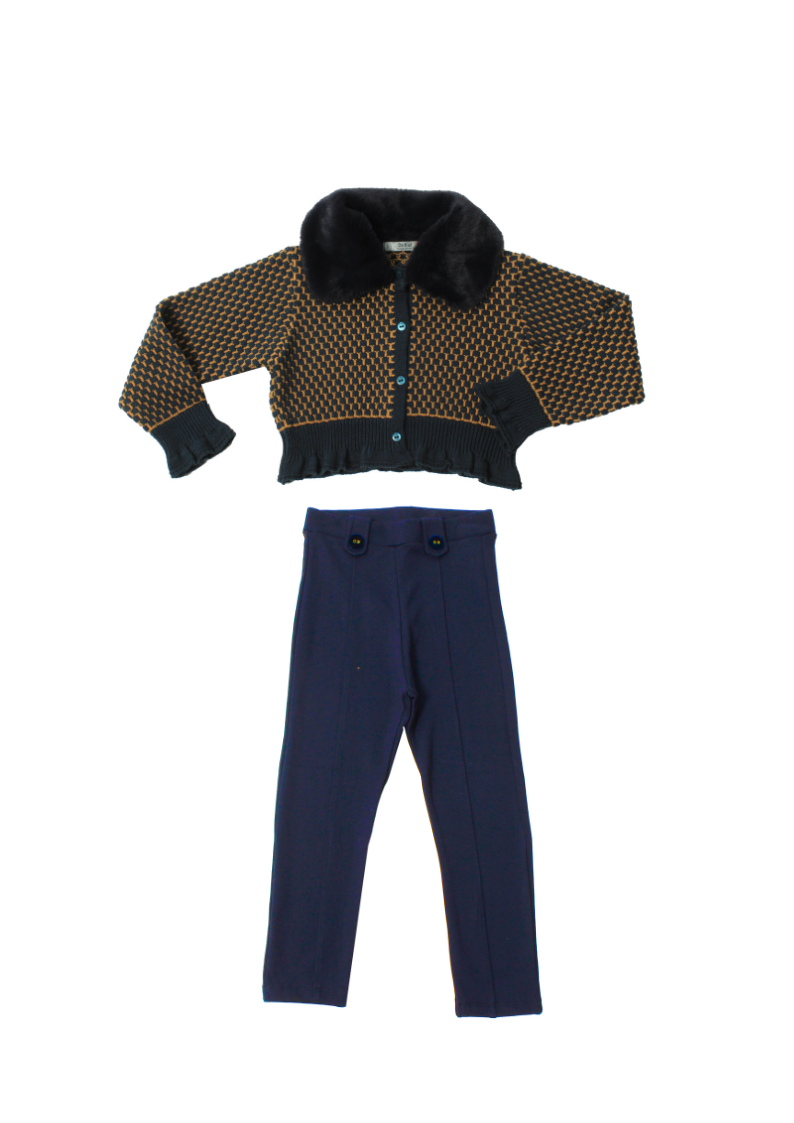 2pc Navy & Gold Sweater with Faux Fur Detachable Collar & Matching Pants