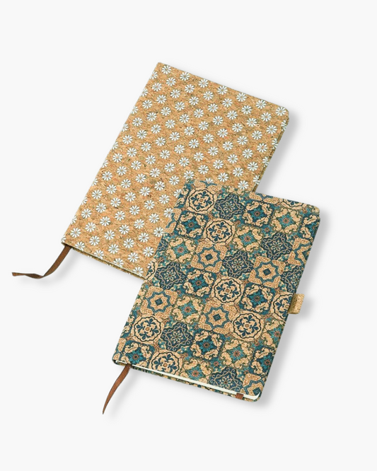 vintage cork notebook, eco-friendly printed journal, boutique cork stationery, floral cork journal, geometric cork notebook, sustainable cork writing book, stylish eco journal, vintage patterned cork cover notebook, daisy print notebook, artisan stationery